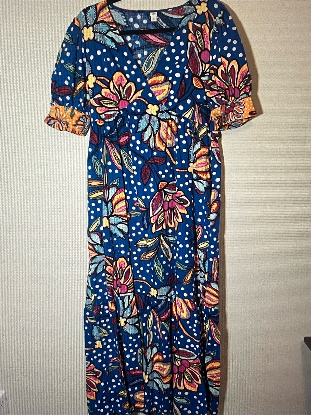 Floral Blue Maxi Dress with Polka Dot Accent